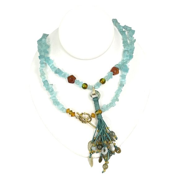 Handcrafted Blue Aquamarine Chip Bead Jade Nephrite Necklace With Tassel Multi-S - Picture 4 of 11